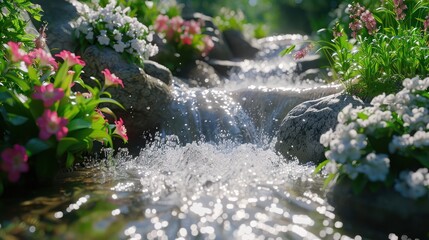 Fototapeta premium Chic Nature Design Harmonizing Modern Style with Wilderness Beauty, A Tranquil Stream Embraces Lush Greenery, Creating a Serene Oasis for Relaxation and Inspiration