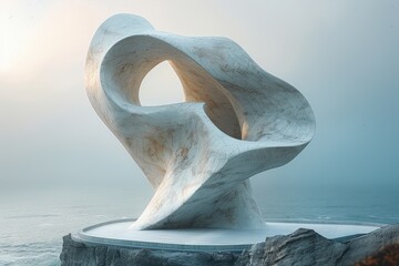 An abstract sculpture with fluid, organic shapes located in a coastal environment. This masterpiece blends natural and artistic elements, evoking tranquility and wonder