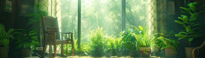 Fototapeta premium Create a Serene Green Sanctuary with Stylish Decor Indoor Plants, Natural Light, and Tranquil Design