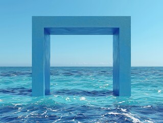 Minimalist Blue Frame in Calm Ocean A Visual Representation of Relaxation and Tranquility, Promoting a Sense of Peace and Serenity Through Simple Geometry and Natural Beauty