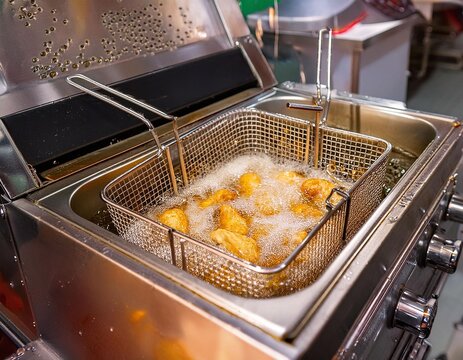 Industrial Deep Fry Machine in Action Cooking Chicken