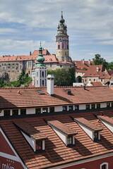 Fototapeta premium Cityscape of historic centre of Cesky Krumlov, popular tourist destination in south Bohemia region of Czech Republic