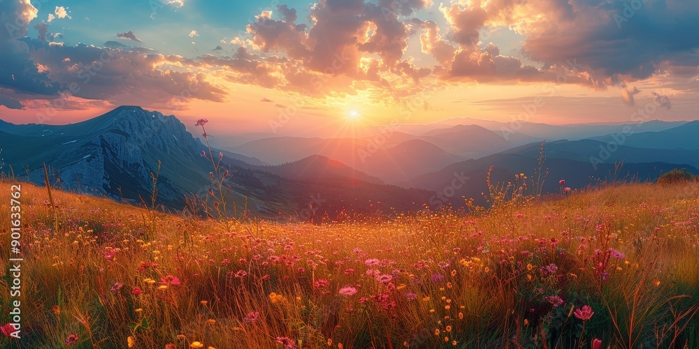 Poster majestic mountain sunset with flowers