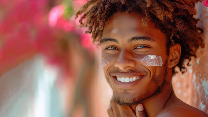 A young African American man applies sunscreen to his face by the sea. Holidays and travelling in the summer. Cosmetic male procedures