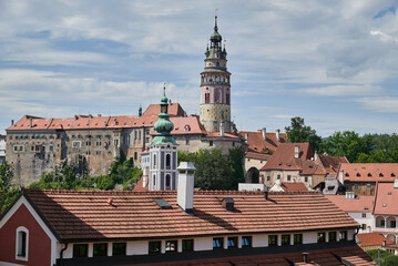 Fototapeta premium Cityscape of historic centre of Cesky Krumlov, popular tourist destination in south Bohemia region of Czech Republic