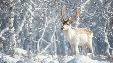 Obraz premium A deer stands in the snow with its antlers raised. Concept of peacefulness and tranquility in the winter landscape