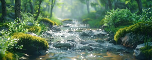 Tranquil Forest Stream Minimalist Layout Featuring Lush Greenery, Sparkling Water, and a Peaceful Atmosphere, Ideal for Nature Photography and Wall Decor