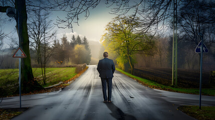 Geschäftsmann muss sich bei einer Weg-Gabelung entscheiden