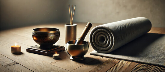 Fototapeta premium A tranquil setup of meditation essentials including a yoga mat, candles, and singing bowls 