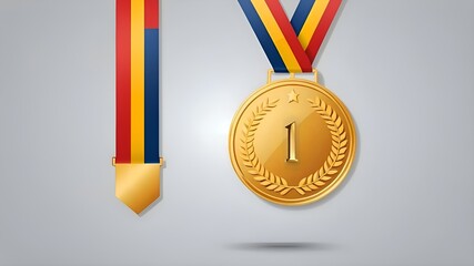 Gold medal with laurel wreath and ribbon.