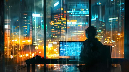 Silhouette of a person working on a computer in front of a window with a view of a city at night.