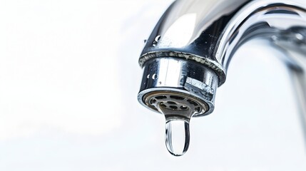 Dripping Faucet Chrome Tap with Reflective Water Droplets on Sink