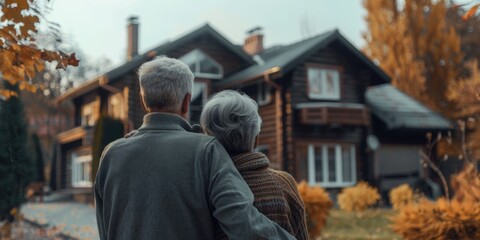Fototapeta premium A couple of older people are standing in front of a house. They are holding hands and looking at the house