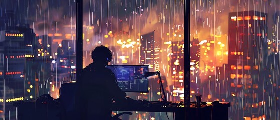 Fototapeta premium Silhouette of a person working on a computer in front of a window overlooking a rainy city at night.