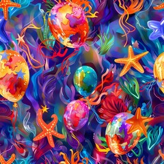 Vibrant HeliumFilled Birthday Balloons with Whimsical Nautical Sea Creatures in a Kaleidoscope of Colors creating a Dreamlike Underwater Scene