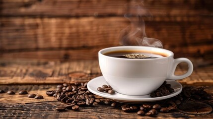 Fototapeta premium A white cup of coffee with steam rising, placed on a rustic wooden background with beans. 
