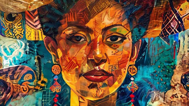 intricate portrait of a Mexican woman wearing a traditional hat, colorful and abstract background that combines various artistic elements and patterns