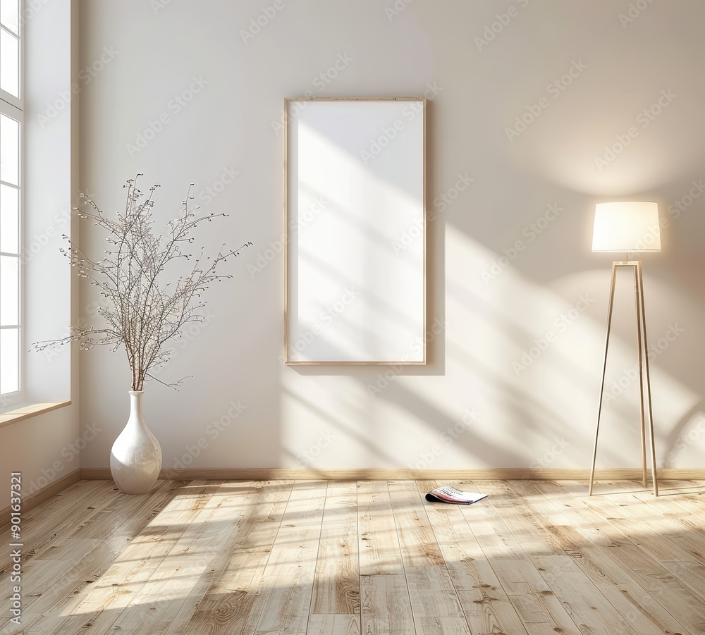 Aufkleber Bright interior with a modern lamp, bare branches, and a large mirror, creating a serene and stylish atmosphere.
