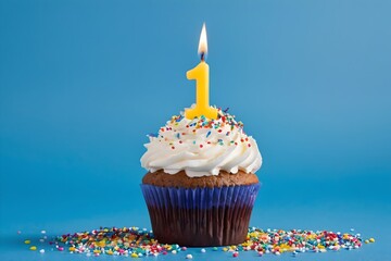 1st birthday cupcake with whipped cream, sprinkles, candles, and number 1, isolated on blue background