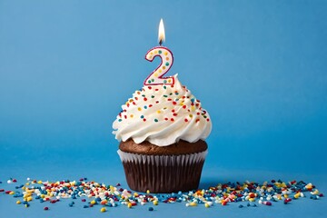 2nd birthday cupcake with whipped cream, sprinkles, candles, and number 2, isolated on blue background