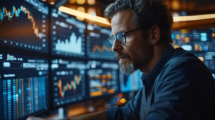 Professional Trader Analyzing Stock Market Data in Modern Office During Evening Hours. Generative AI