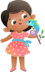 Cute little Latin girl and her chameleon lizard pet. Kindergarten girl wearing cute dress, character illustration. Kids vector graphic illustration for children, hand drawn cartoon.
