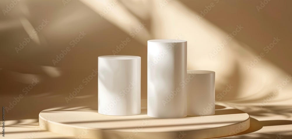 Aufkleber elegant white candles arranged on a minimalist wooden tray, illuminated by soft natural light, creat