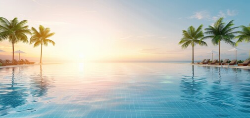 Stunning tropical pool scene at sunset with palm trees and tranquil water reflecting the vibrant sky. Perfect for vacation imagery.
