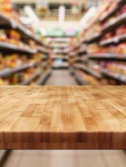 A wooden table with a blurry background of a grocery store