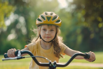 Obraz premium A young girl wearing a yellow helmet is riding a bicycle. Concept of adventure and excitement, as the girl is ready to explore the outdoors on her bike