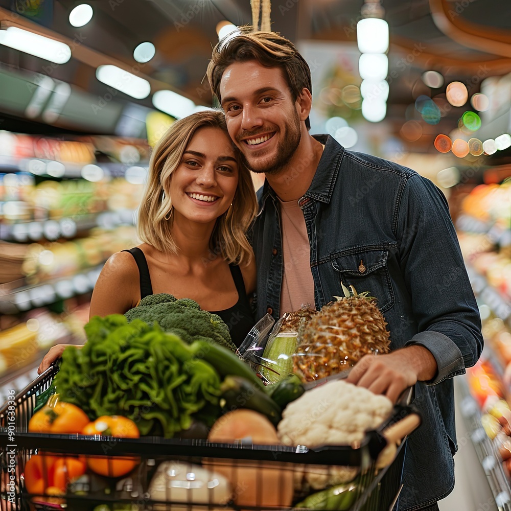 Poster a happy couple posing in a supermarket with their shopping cart loaded with groceries, looking at th