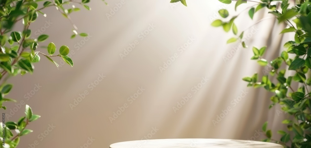 Poster a serene space featuring soft light and greenery, perfect for showcasing products or decorative item
