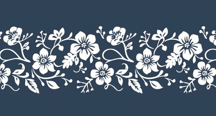 Elegant White Floral Border on Dark Blue Background, Ornamental Design for Fabric and Decoration ,Stenciled floral border in white on navy blue, featuring a variety of flowers and leaves.