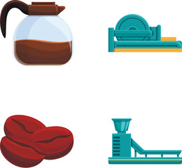 Coffee production icons set cartoon vector. Packing machine and coffee maker. Eco product