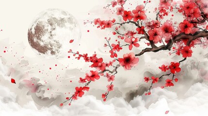 A painting of a cherry tree with a moon in the background