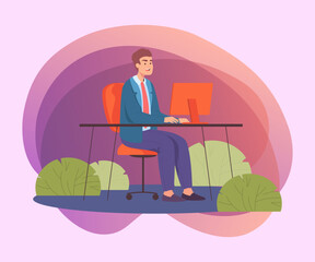 Businessman working in park flat vector illustration. Happy man or employee in official suit sitting at desk, working in nature. Workplace, job, fantasy, relax, balance concept