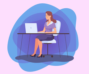 Businessman working in office flat vector illustration. Serious female employee in formal wear sitting at desk and working on laptop. Workplace, job, office concept