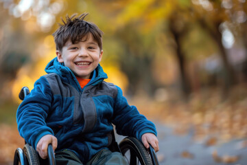 Smiling disabled child with spina bifida in the park. Boy in wheelchair on yellow background. Spina Bifida Awareness Month. Treatment and inclusion of sick children into society. Birth defect