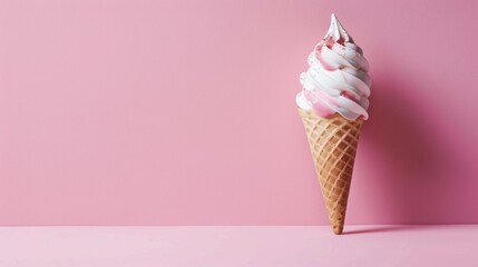 Soft serve ice cream cone against pink background