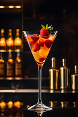 Fruit cocktail with strawberries, mint and ice on the bar counter