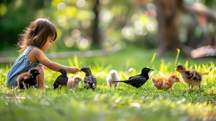 Asian girl feeding little birds. The child sits on the grass in a clearing surrounded by chicks.
