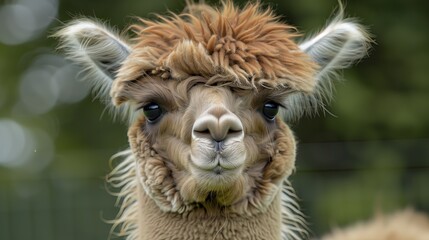Fototapeta premium Portrait of brown alpaca. Pet looks at viewer. Macro photography. Contact zoo. Animal close up. Safari park.
