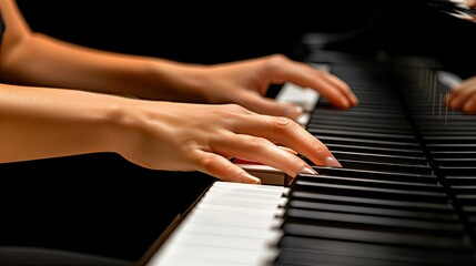 Obraz premium Hands on piano side view. School of playing classical musical instruments. Black grand piano.