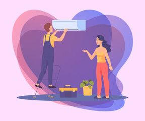 Cartoon woman next to repairman fixing air conditioner. Home ventilation or HVAC system, engineer repairing cooling or heating unit in room flat vector illustration. Repair service concept