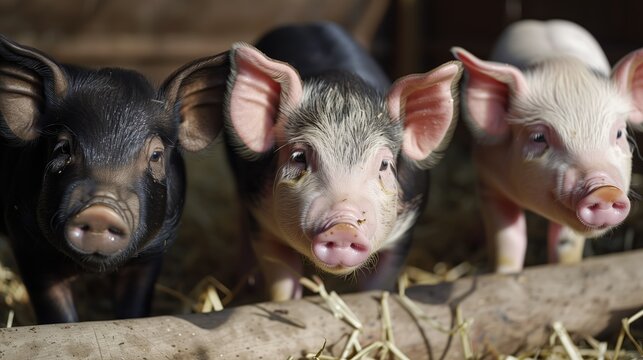 Three small pigs of different colors in an enclosure. Contact zoo or agricultural farm. Macro photography. Minipigs.