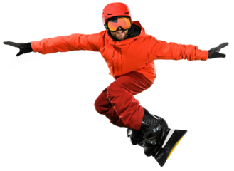 Mid-air snowboarder in red gear performs a trick, showcasing the dynamic and adventurous spirit, isolated on transparent background. Concept of winter, travelling, active lifestyle, extreme sport