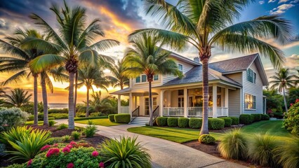 Fototapeta premium Serene beach house with lush palm trees, vibrant tropical landscaping, and tranquil outdoor spaces inviting relaxation in a stunning Florida coastal setting.