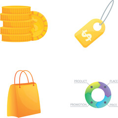 Marketing strategy icons set cartoon vector. Product, price, place and promotion. Business concept