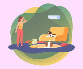 Frustrated woman in room with dog and damaged furniture. Bad behaviour, puppy making mess at home flat vector illustration. Pets or domestic animals, damage concept for banner or landing page