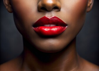 Fototapeta premium Close-up of luscious red lips against dark skin, evoking classic sophistication and elegance, perfect for beauty, fashion, and luxury brand representation.